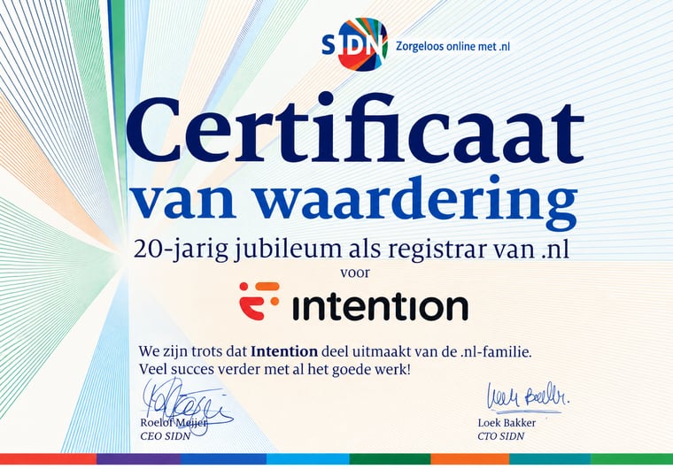 Certificaat van waardering van SIDN voor het twintigjarig jubileum van Intention als registrar van .nl